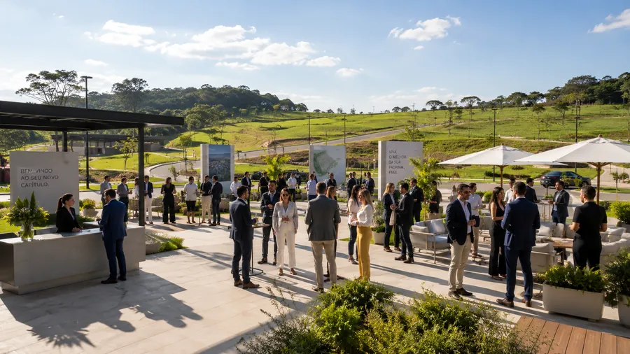 Evento corporativo ao ar livre em loteamento residencial com convidados em traje formal e painéis do empreendimento.
